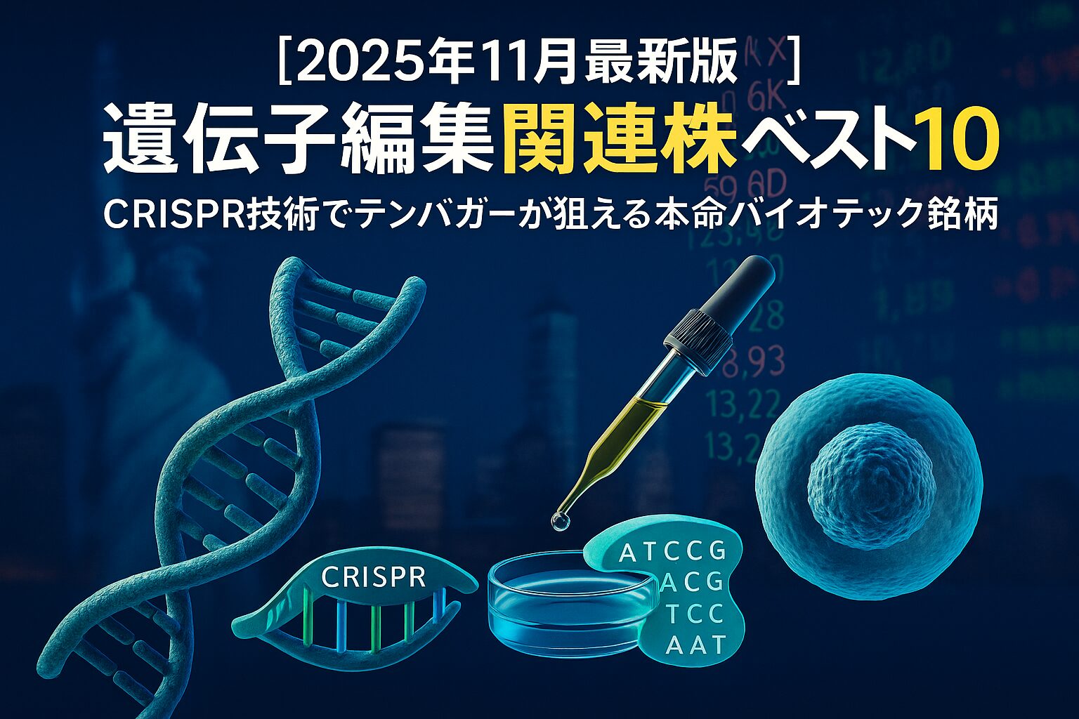 アメリカ株市場を背景にした遺伝子編集のイメージ。DNA二重らせんとCRISPR技術を象徴する実験器具が並ぶ未来的なビジュアル。