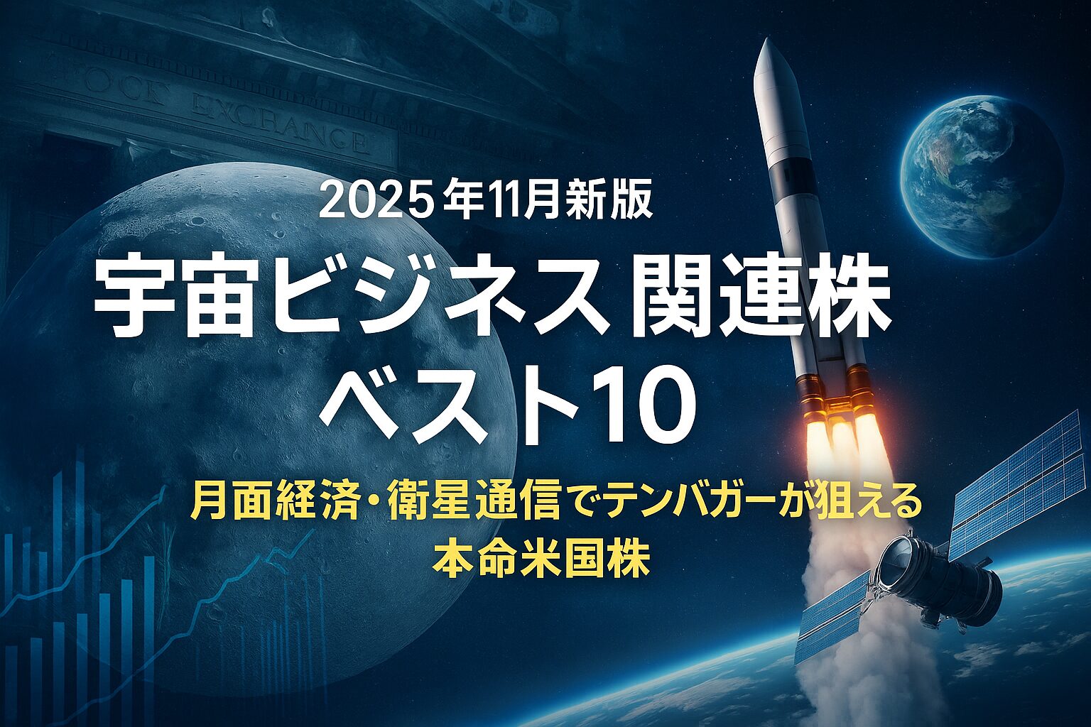 アメリカ株市場を背景にした宇宙ビジネスのイメージ。ロケット打ち上げ、人工衛星、月面開発、地球が描かれた未来的な構図。
