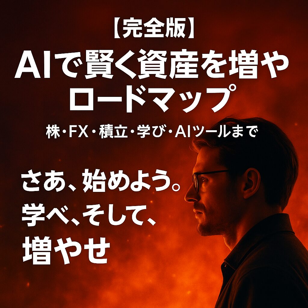 AIで賢く資産を増やすロードマップのイメージ。情熱的な光に包まれ、未来を見つめる知的な人物が投資と学びの決意を象徴している。